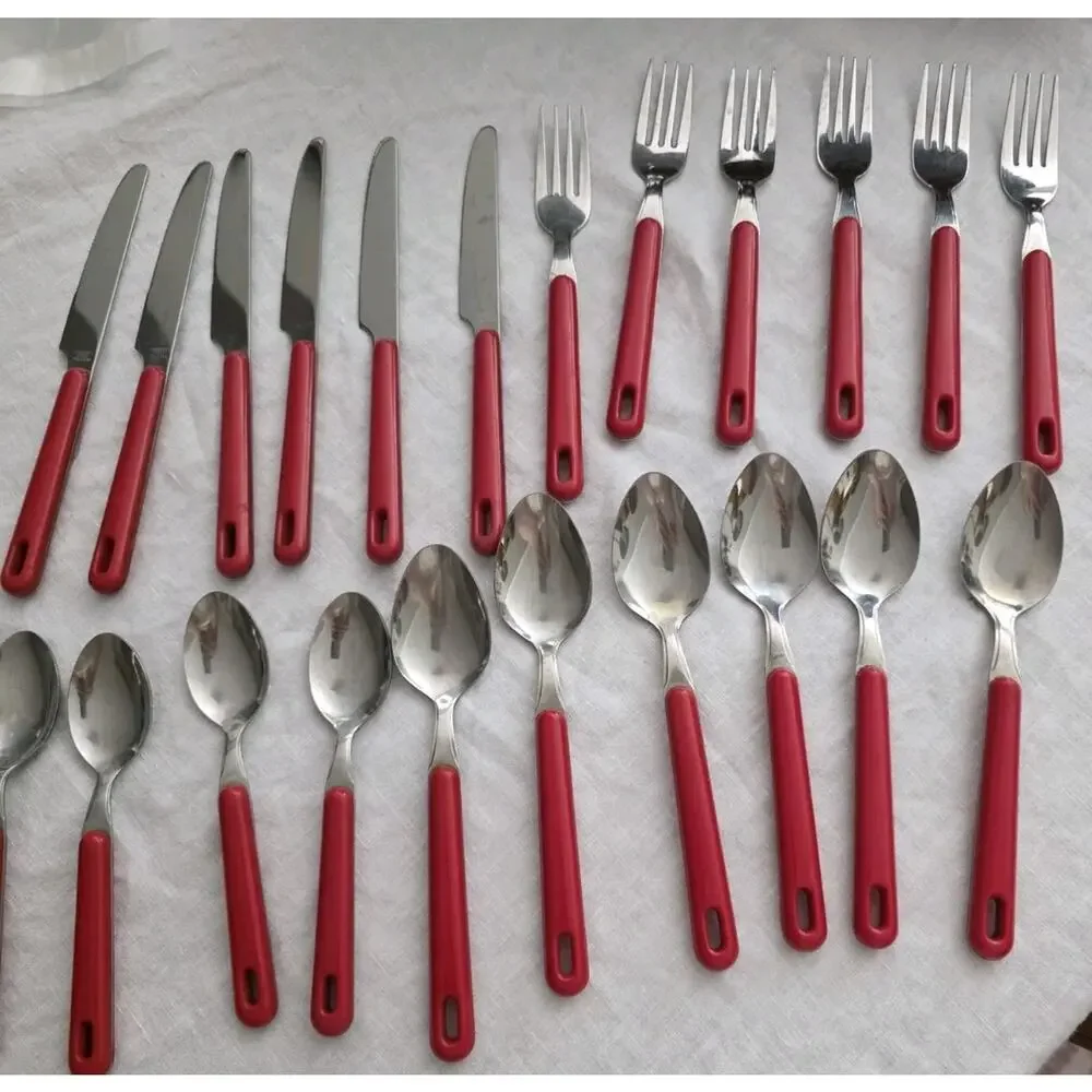 Vintage Stainless Red Hanging Flatware Set 24pc w Caddy Retro MCM Thailand